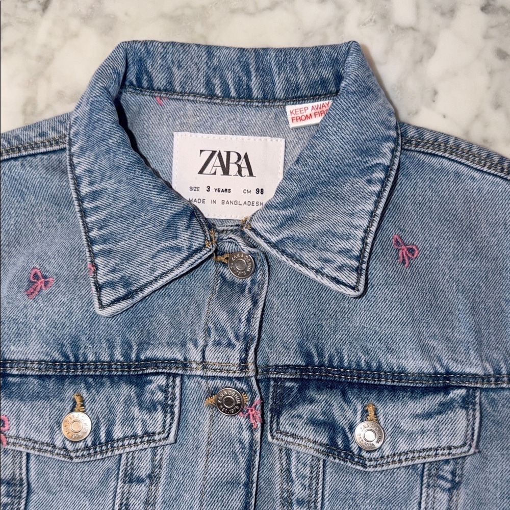 Zara Kids Light Blue Denim Jacket with Pink Bow Accents 3Y - Picture 6 of 8